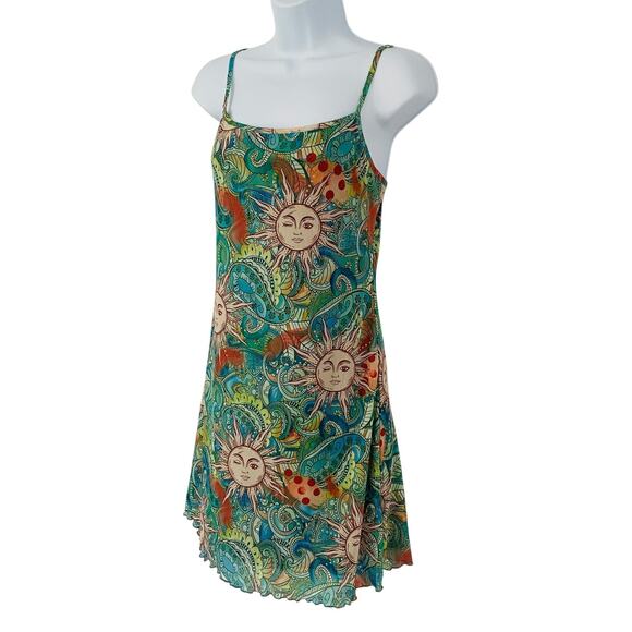 Retro Mini Slip Dress Women Large 90s Green Sun Face‎ Paisley Boho Lettuce Trim - Picture 8 of 15